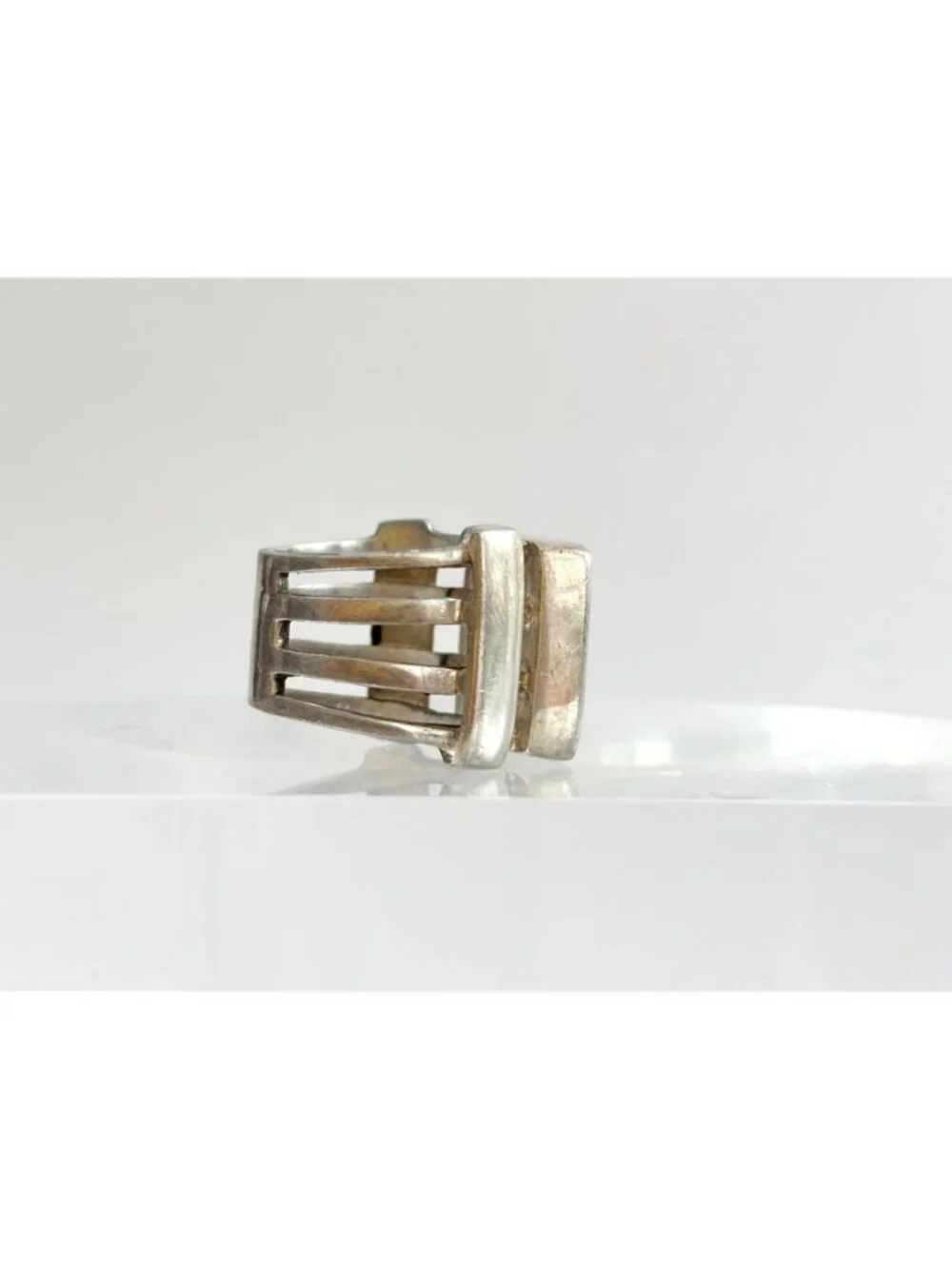 Porcelain Floral Painted Tilework Chunky Sterling Silver 925 Vintage Ring - sz 5